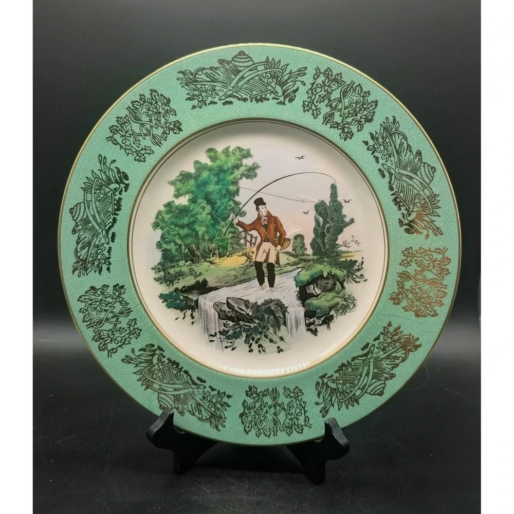Royal Staffordshire Clarice Cliff Fly Fishing Dinner Plate Mint Green Gold Gilt